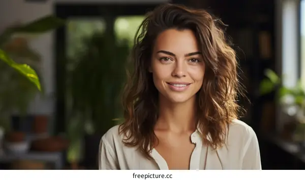 Portrait of a beautiful young woman with long brown hair and light makeup smiling at the camera.