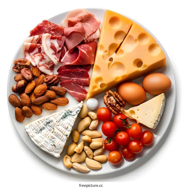 Assortment of Cheese, Meat, and Nuts on a Plate