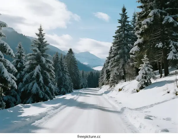 Snow-covered road surrounded by evergreen trees under a clear sky