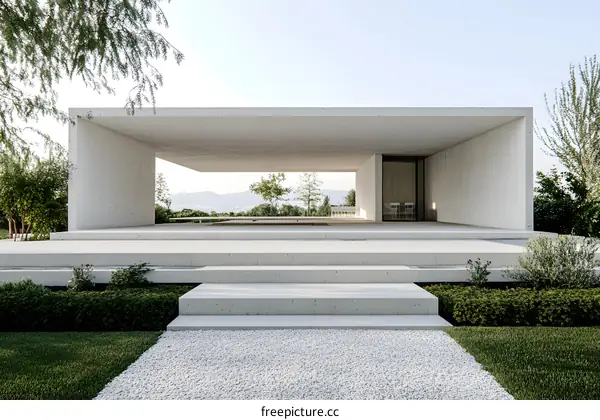 Minimalist Concrete House With Gravel Path And Green Lawn