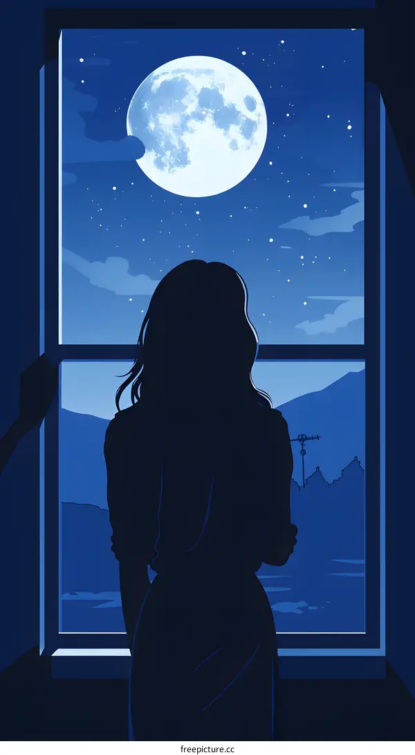 Silhouette of a Woman Looking at the Moon Through a Window