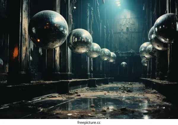 Abandoned Disco Hall with Reflective Globes