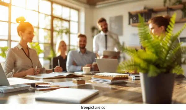 A group of business professionals having a meeting in a bright and modern office space