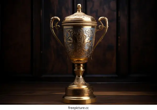 Ornate golden trophy with silver engravings sitting on a wooden table against a dark wood background