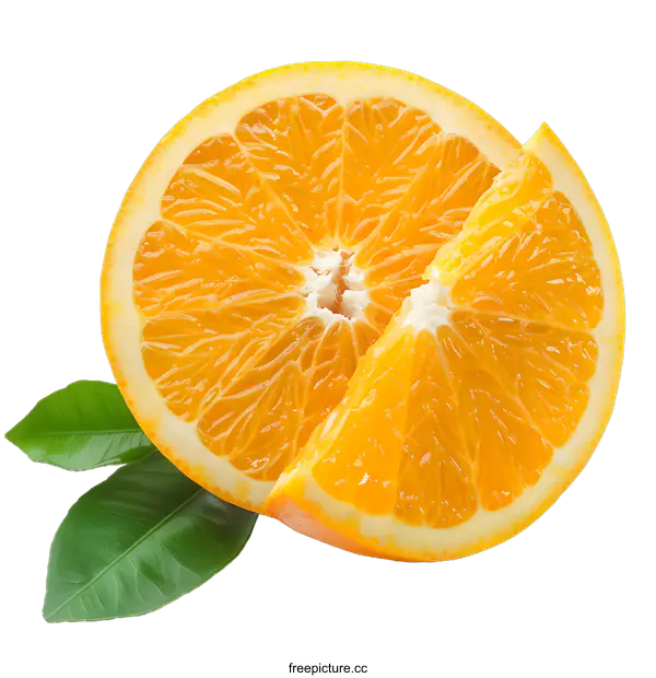 [Transparent Background PNG]Fresh Orange Slices with Green Leaves Isolated on White Background