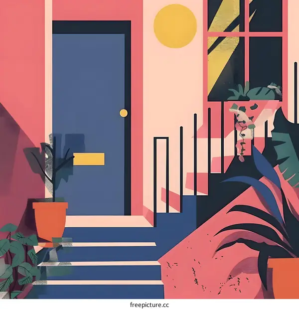 Modern Minimalist Doorway With Plants And Stairs Illustration