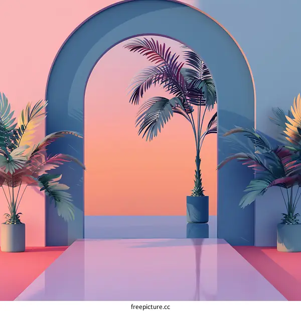 Palm Trees in an Archway With Pink and Blue Walls