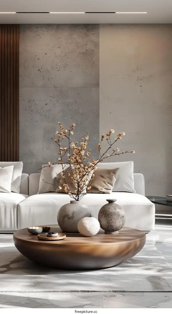 Airy and bright living room interior with comfortable sofa and stylish coffee table