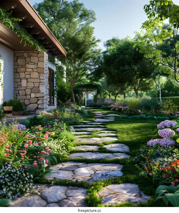 Cobblestone path in a garden of a country house