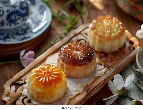 Traditional Chinese Moon Cakes on Wooden Serving Tray
