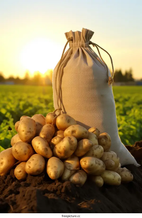 A pile of potatoes with a sack in the sunset