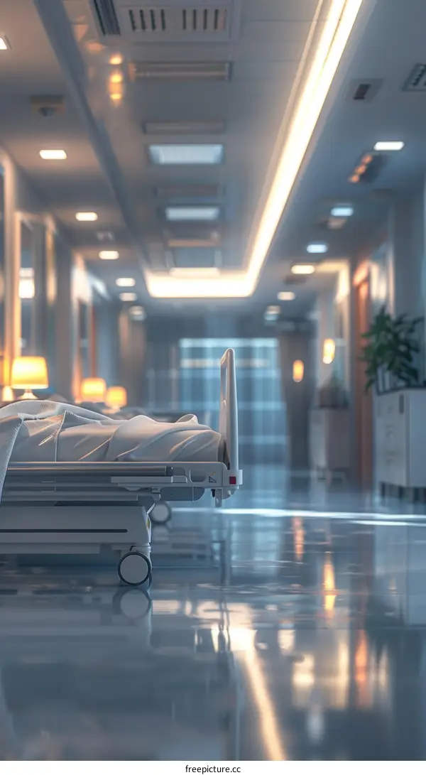 Empty hospital hallway with a single gurney
