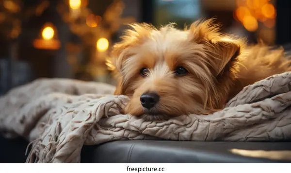 A cute dog lies on a blanket in front of a fireplace.