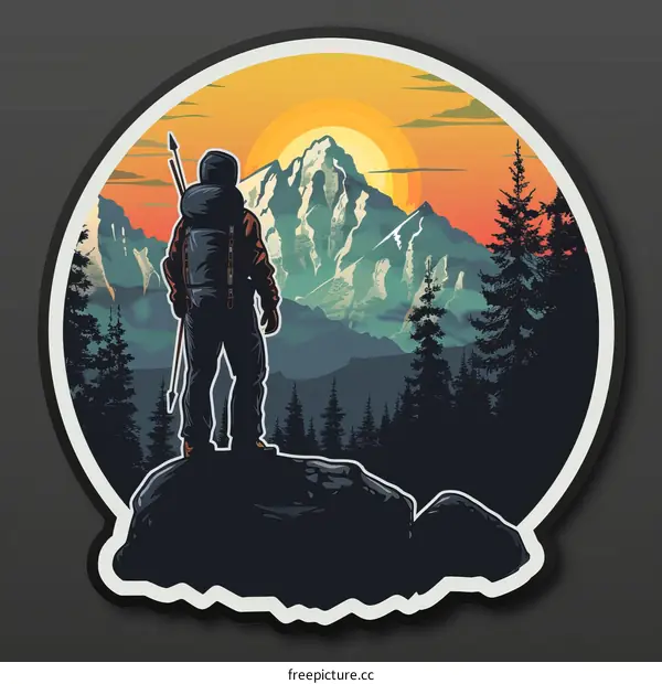 Man with a backpack standing on a rock in front of a mountain landscape