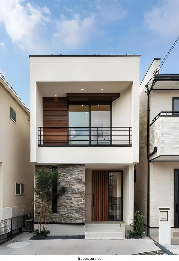 Modern White House with Wooden Front Door and Stone Wall