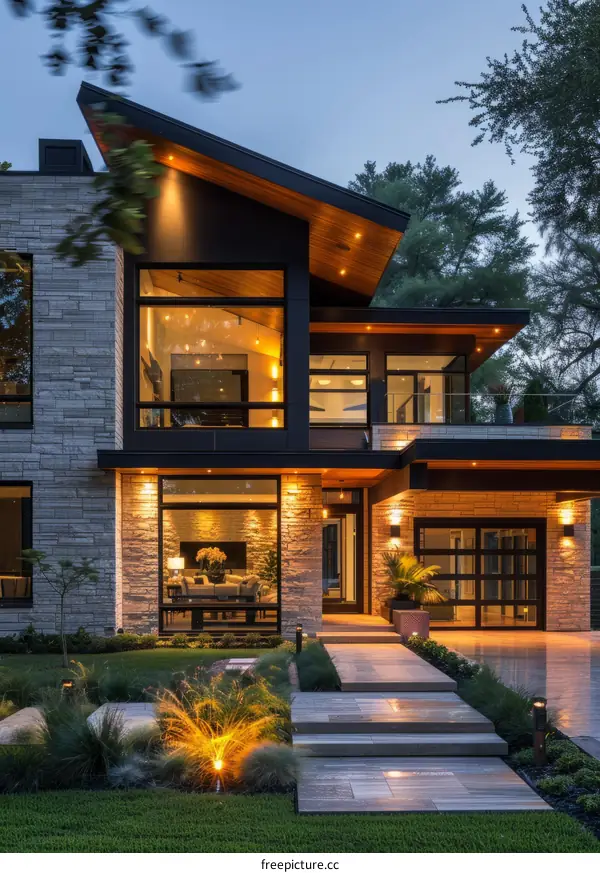 Modern House Exterior Design With Stone And Wood