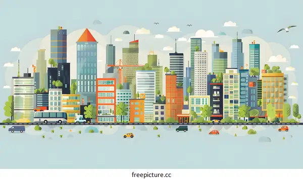 Modern City Skyline Illustration with Buildings, Trees and Cars