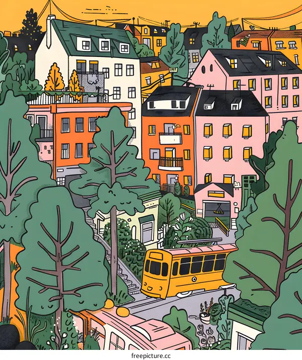 Illustrated Cityscape with Yellow Bus and Houses