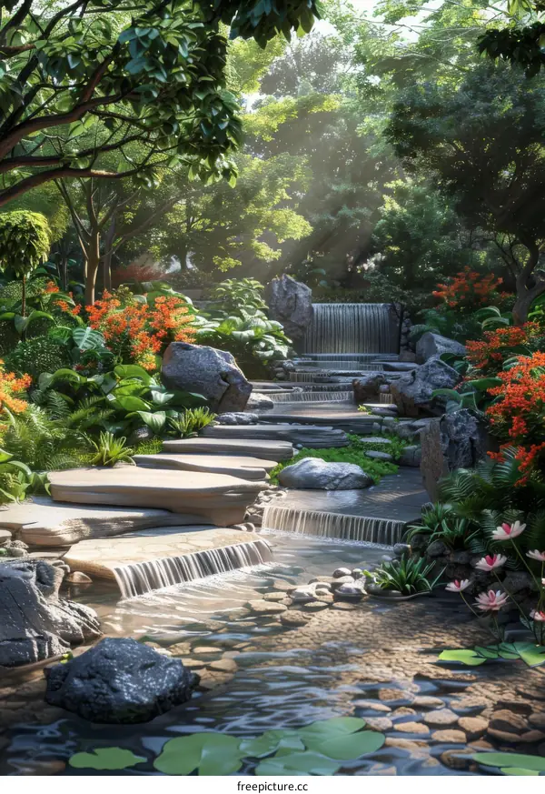 Chinese Traditional Landscape Design with Mountains and Water Features