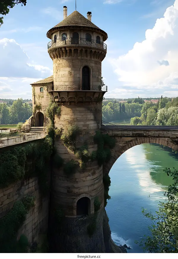 Stone Tower Bridge Over River in Fantasy Setting