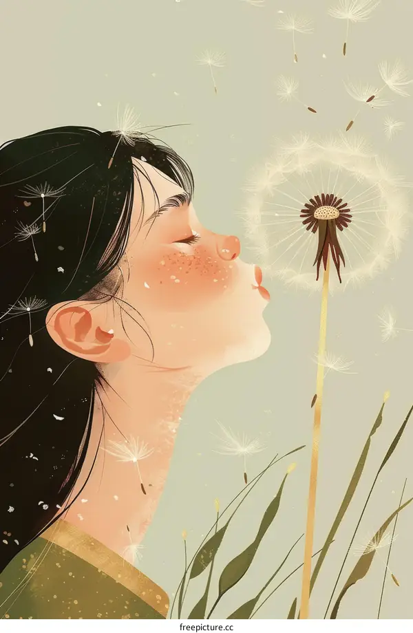 Serene Asian Girl Blowing Dandelion Seeds in Summer Field