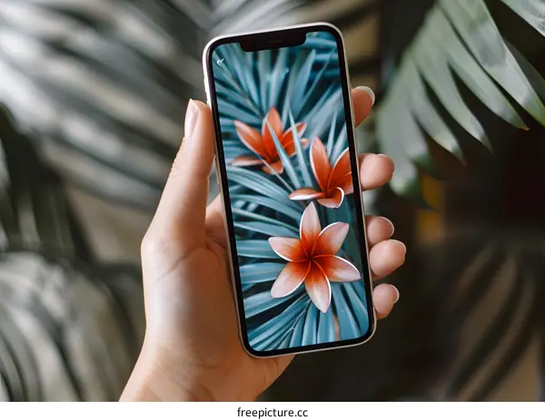 Hand Holding a Smartphone with Tropical Flower Wallpaper
