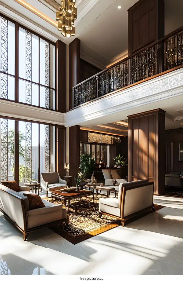 Luxury Living Room Interior Design With High Ceiling And Large Windows