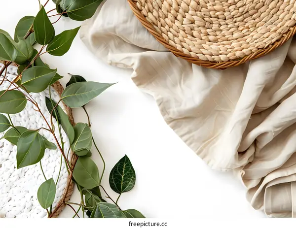 Green Leaves and Beige Cloth On White Background