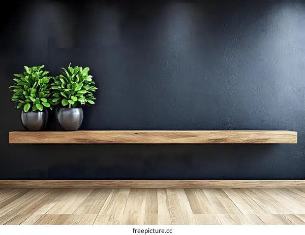 Empty Wooden Shelf on a Dark Wall with Plants