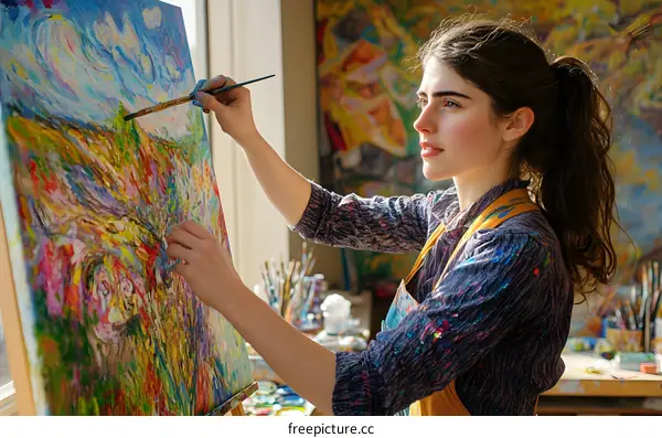 Young Female Artist Painting Landscape on Canvas in Studio