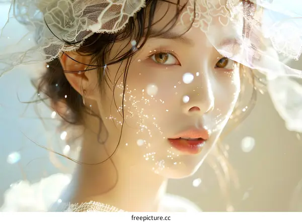 Close-up portrait of a woman wearing a white lace veil with pearls