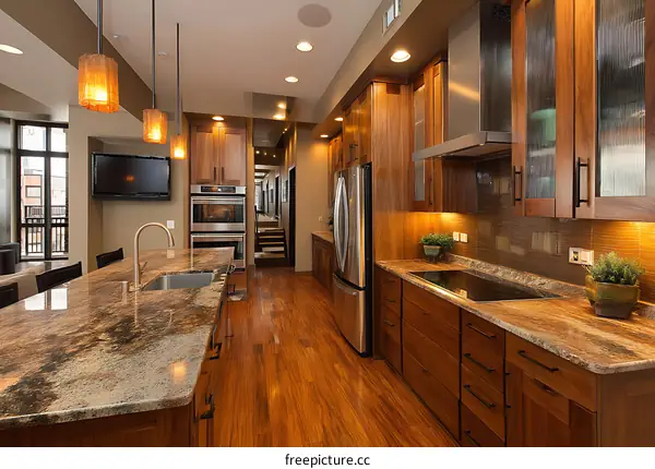 Modern Kitchen with Wooden Cabinets and Granite Countertop