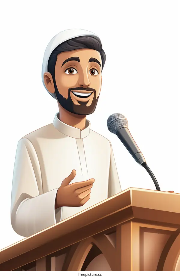 A Muslim man is giving a speech at a podium.