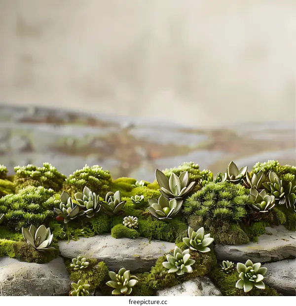 Green Moss and Succulents on Stone Wall