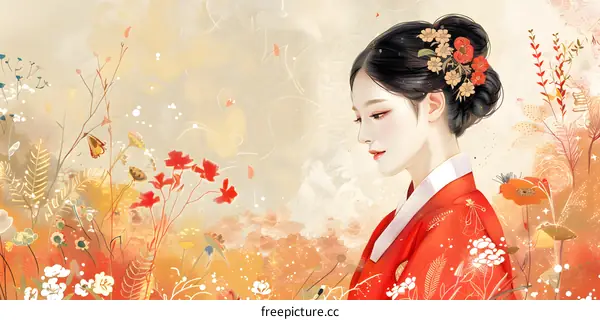 A beautiful Korean girl in traditional dress, surrounded by flowers and butterflies.