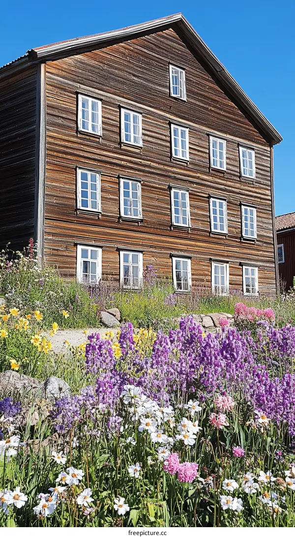 Wooden Building with Vibrant Flowers