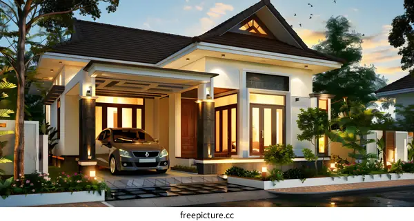 Modern House Design with Car in Garage and Front Yard