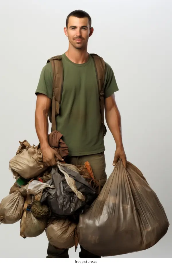 Young man carrying two full garbage bags