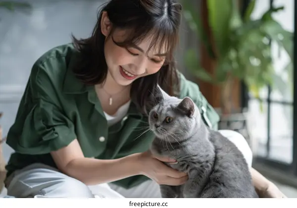 A young woman is sitting on the floor with a gray cat
