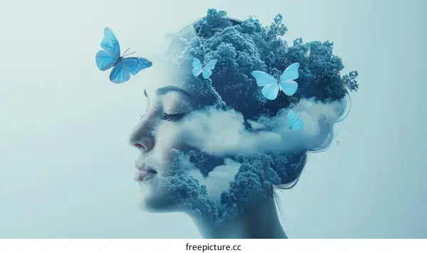Blue butterflies around a woman's head