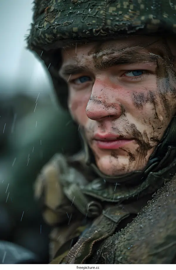 Portrait of a young soldier with mud on his face