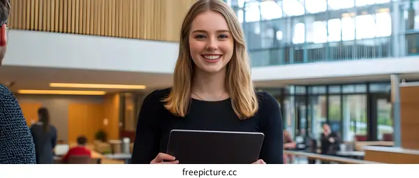Smiling Woman Holding Tablet in Office Lobby