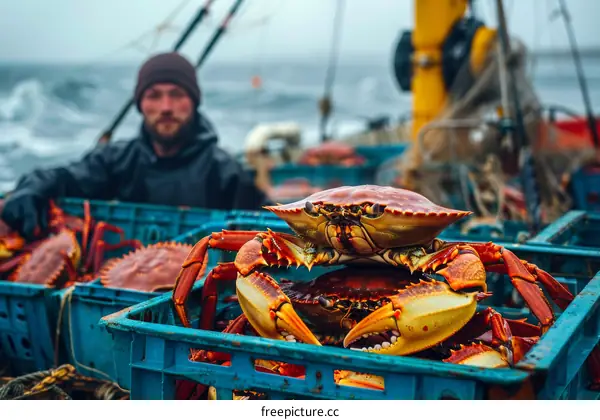 A fisherman hauls in a crab trap full of crabs