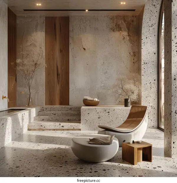 Modern Minimalist Bathroom with Curved Shapes and Natural Materials