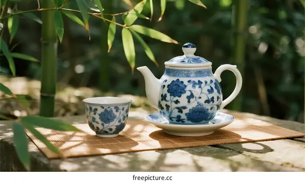 Blue and White Porcelain Teapot and Cup on Bamboo Mat