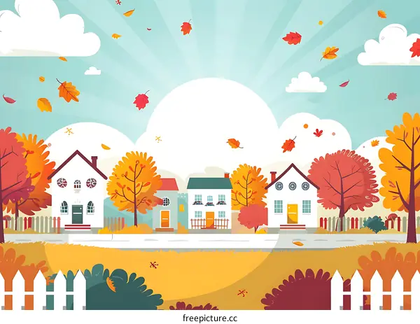 Autumn Village Landscape with Falling Leaves