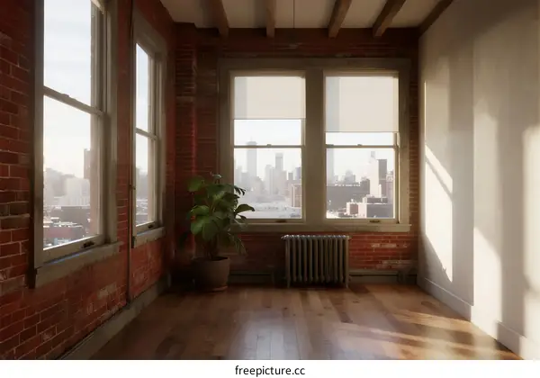 Spacious room with large windows showing cityscape and indoor plant