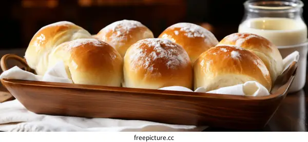 Freshly baked bread rolls in a wooden basket