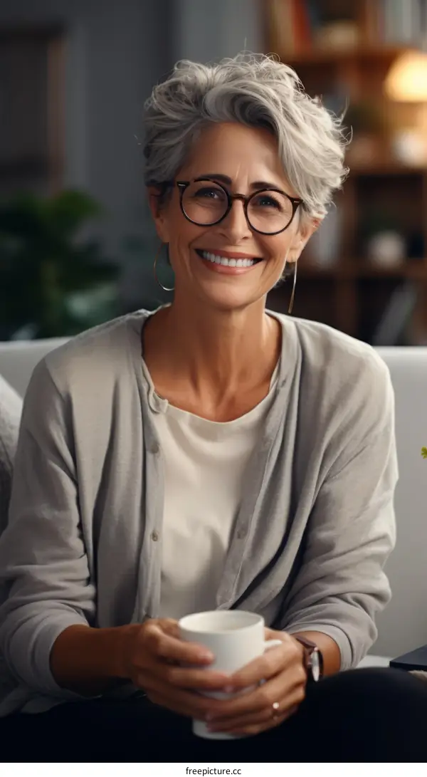 portrait of a smiling mature woman with short gray hair wearing glasses and a gray cardigan sweater holding a coffee cup