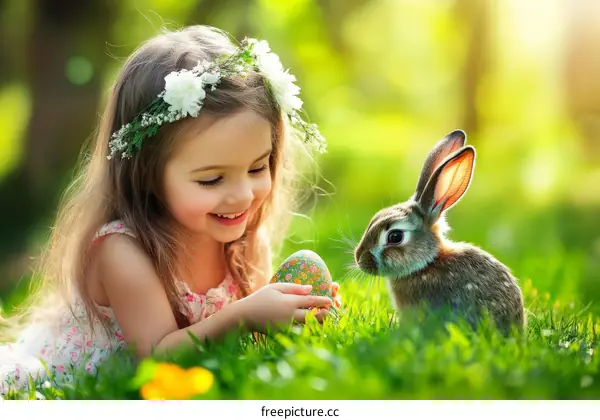 Adorable Girl and Easter Bunny in Springtime